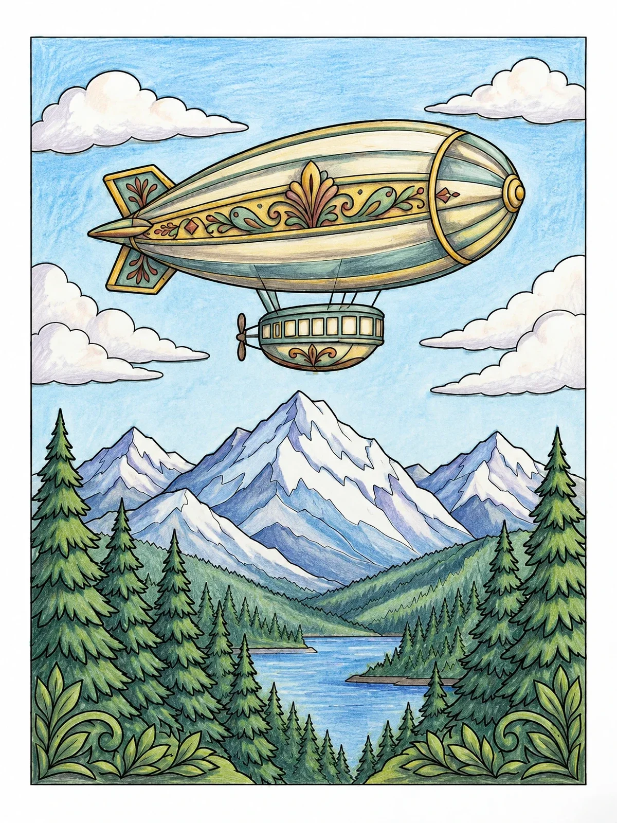 Colored example of the Vintage Airship Over Alpine Landscape coloring page