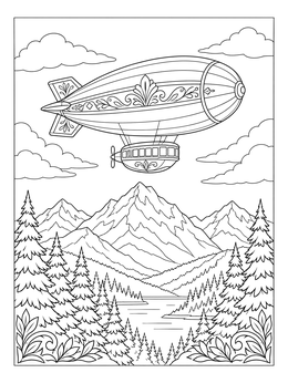 An ornate blimp coloring page featuring an airship gliding over scenic mountains and pine trees.