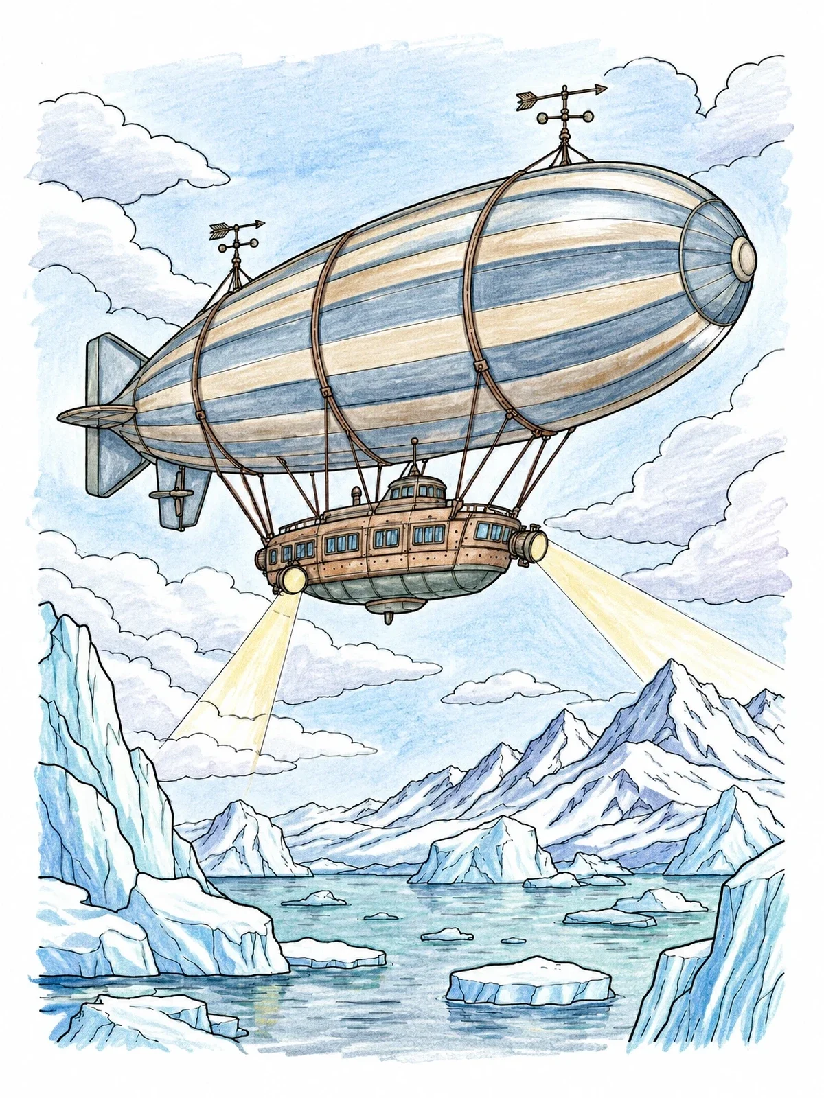 Colored example of the Vintage Airship Over Arctic Landscape coloring page