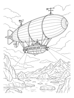 A vintage blimp coloring page showing an expedition airship flying above an icy mountain landscape.