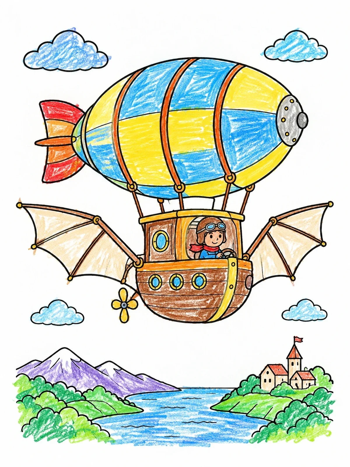 Colored example of the Winged Airship Flying Over Landscape coloring page