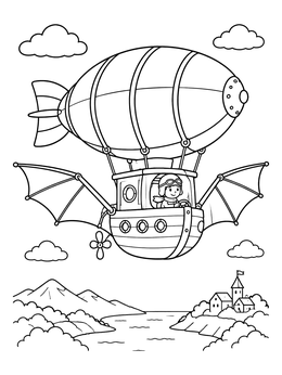 A pilot steers a winged blimp coloring page soaring above mountains and a small village.