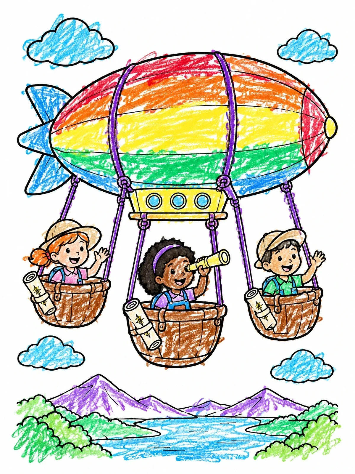 Colored example of the Young Explorers In An Airship coloring page