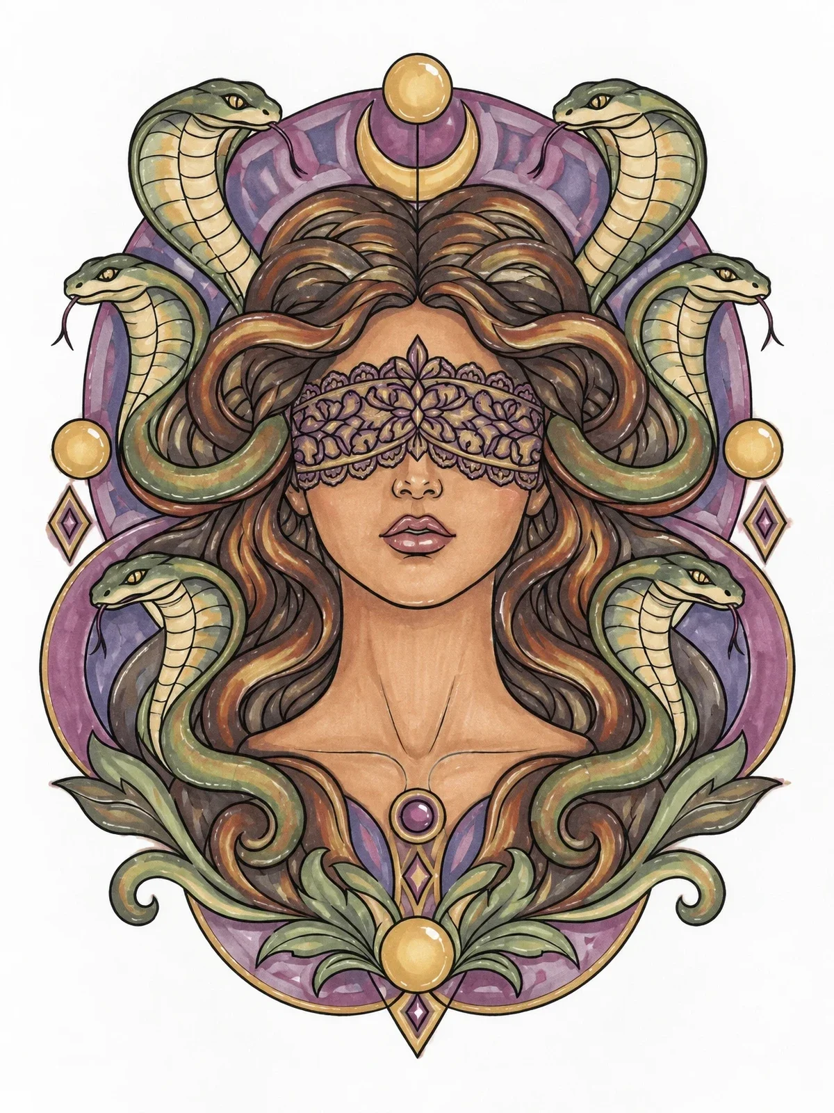 Colored example of the Blindfolded Medusa With Symmetrical Cobras coloring page