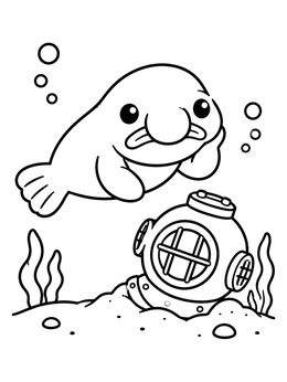 A cute blobfish rests underwater near a diver helmet in this blobfish coloring page.