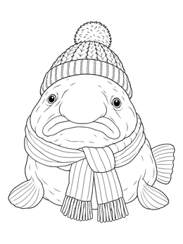 A blobfish coloring page featuring a round fish wearing a knit winter hat and striped scarf.