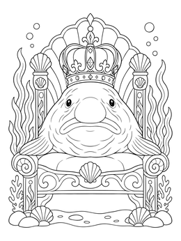 A blobfish coloring page featuring a crowned blobfish sitting proudly on an ornate seashell throne underwater.