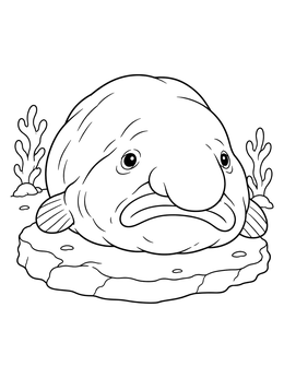 A blobfish coloring page showing a round fish resting on an underwater rock ledge.