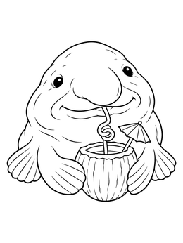 A blobfish coloring page showing a smiling blobfish drinking from a coconut with a curly straw.