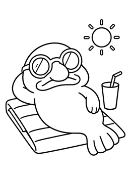 A blobfish coloring page showing a funny blobfish wearing sunglasses relaxing on a beach towel in the sun.