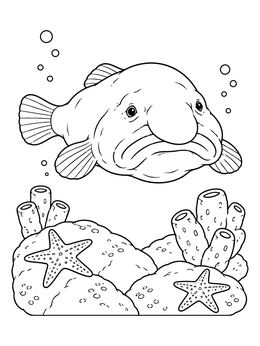 A detailed blobfish coloring page swimming over coral reefs and sea stars.
