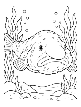 A blobfish coloring page showing the quirky deep-sea fish hovering above the sea floor.