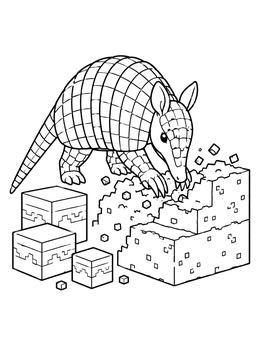 An armadillo coloring page featuring a textured armadillo digging into stepped pixelated blocks.