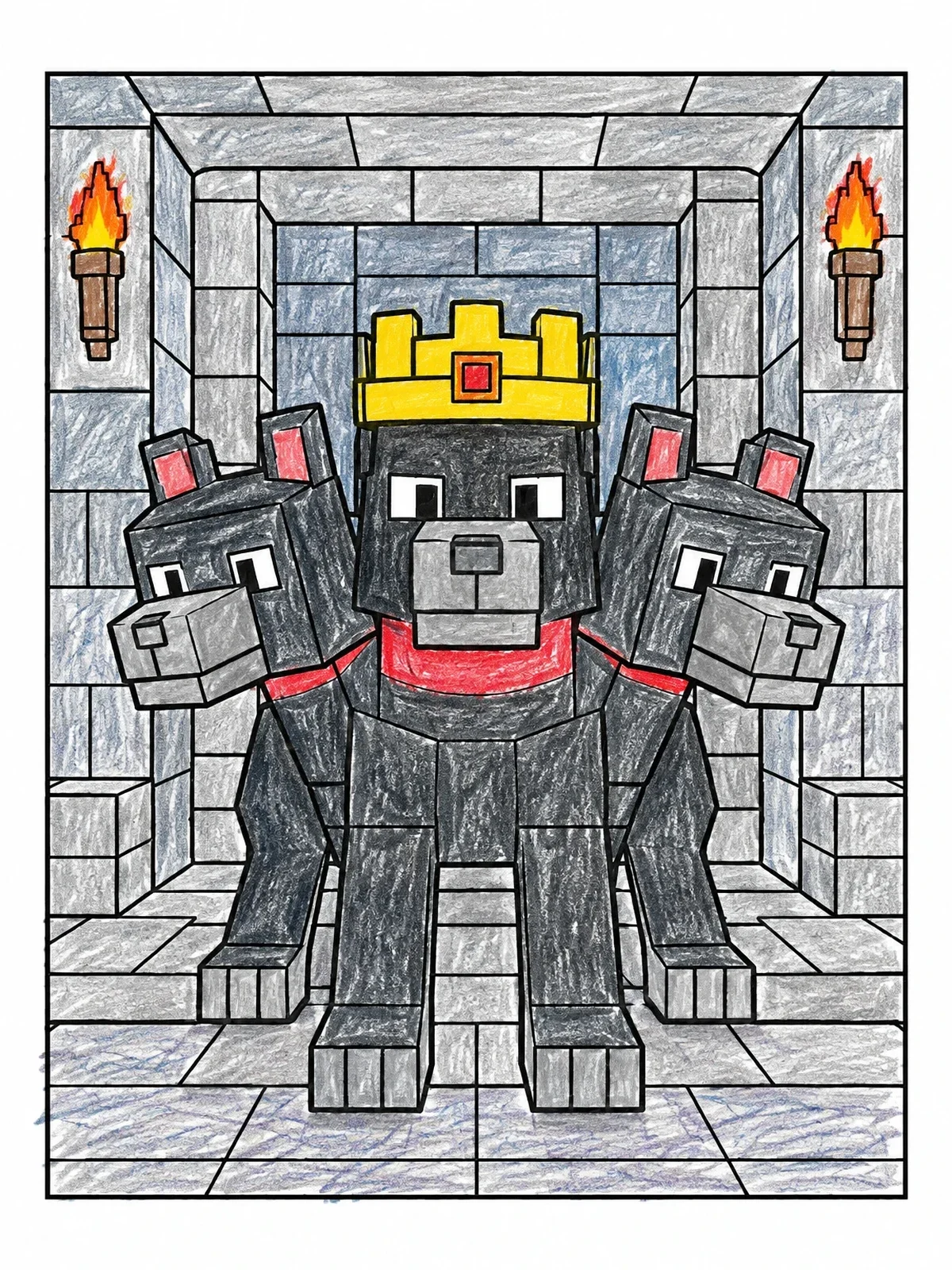 Colored example of the Blocky Cerberus In Voxel Dungeon coloring page