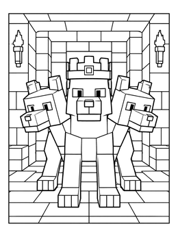 Pixelated cerberus coloring page featuring a three-headed dog with a crown inside a stone dungeon room.