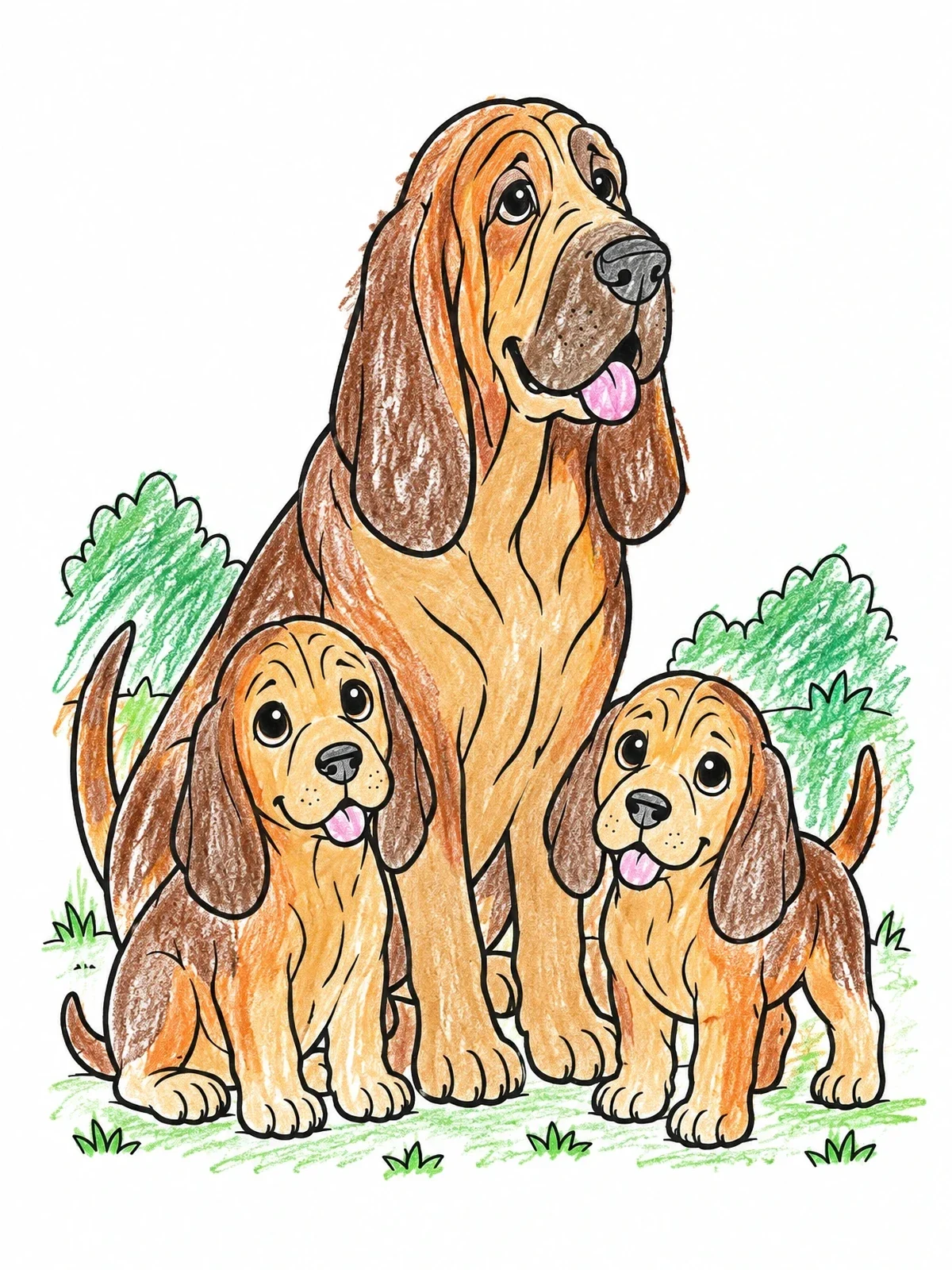 Colored example of the Bloodhound Dog With Sweet Puppies coloring page