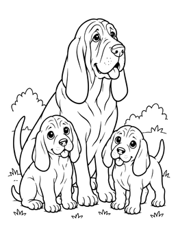 Free printable Bloodhound Dog With Sweet Puppies coloring page