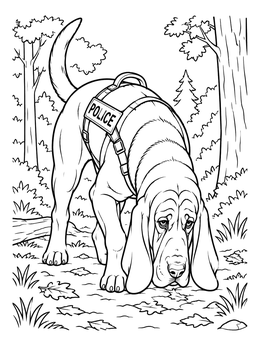 A detailed police dog coloring page featuring a Bloodhound tracking a scent on a forest path.