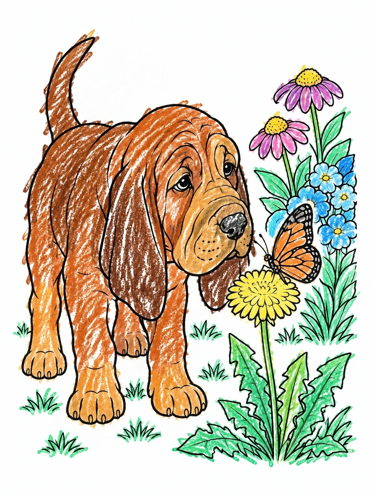 Colored example of the Bloodhound Puppy And Garden Butterfly coloring page