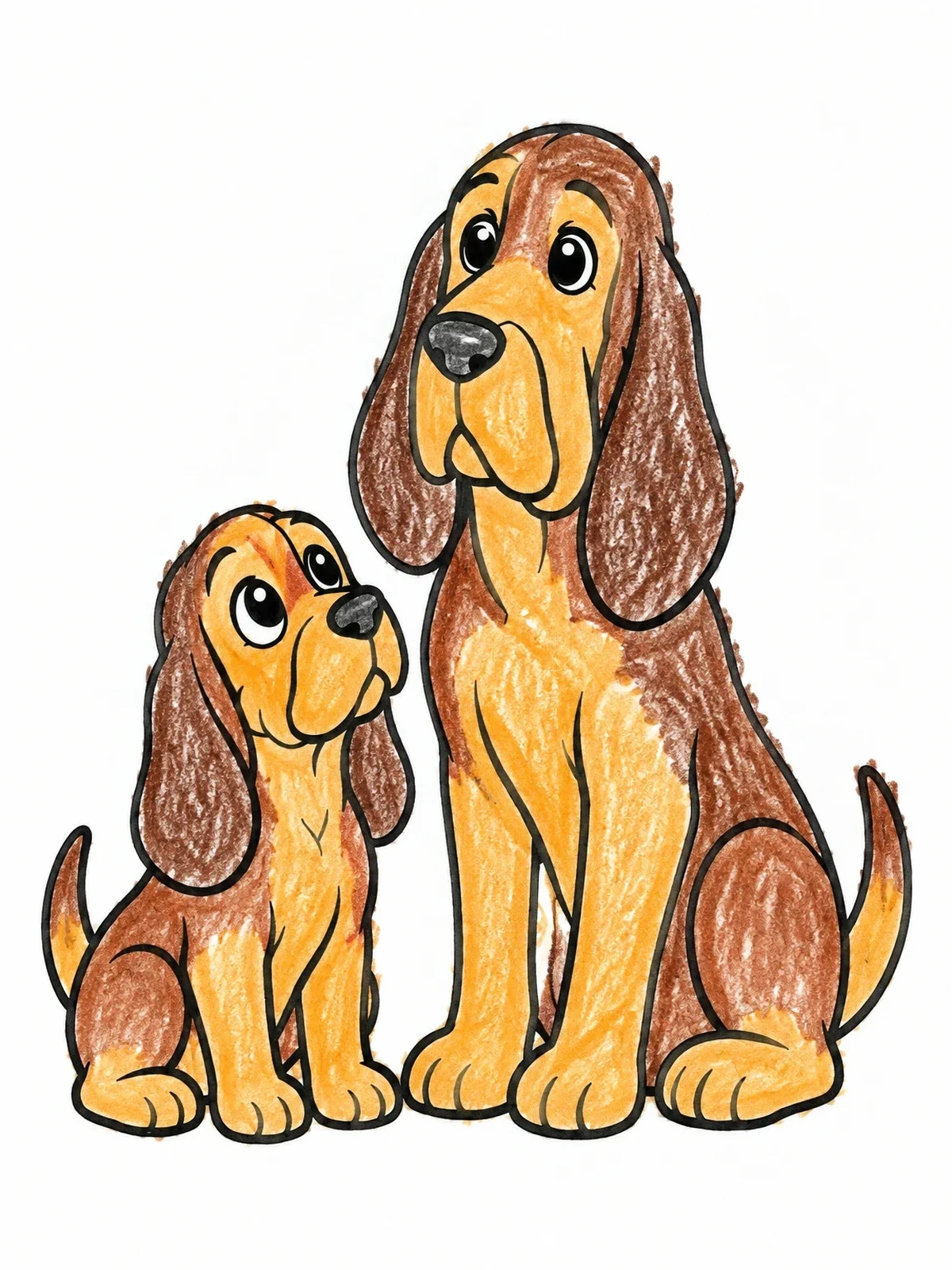 Colored example of the Bloodhound Puppy And Parent Sitting Together coloring page
