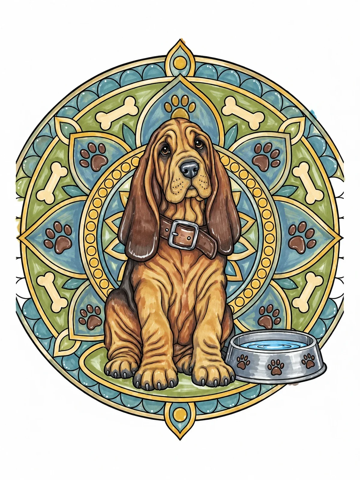 Colored example of the Bloodhound Puppy With Decorative Mandala coloring page