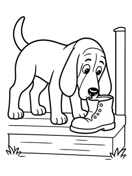 Free printable Bloodhound Sniffing An Old Boot coloring page