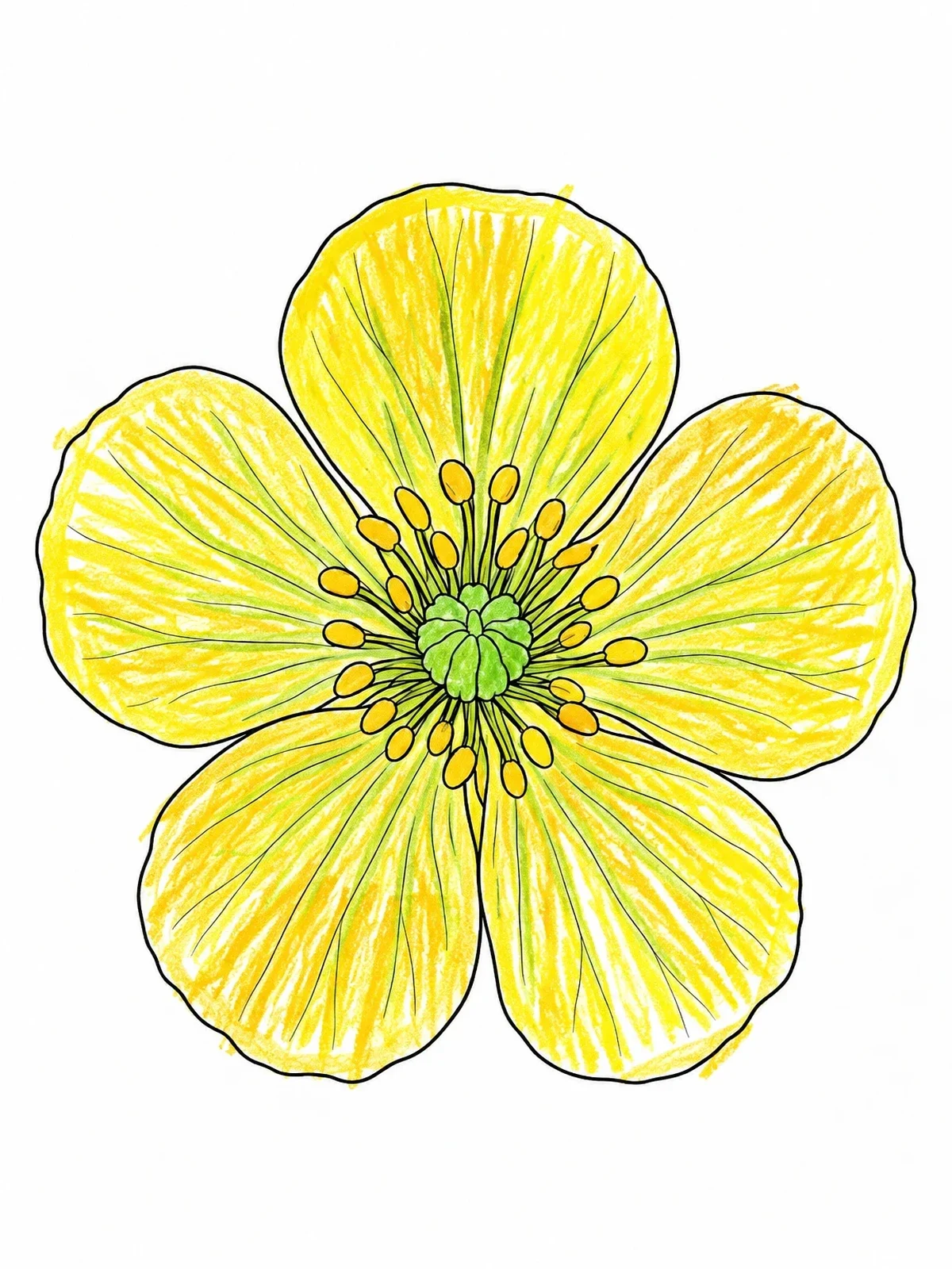 Colored example of the Bloomed Buttercup Blossom Top View coloring page