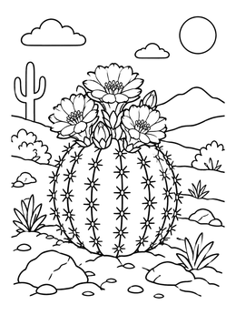 Free printable Blooming Barrel Cactus In Desert coloring page