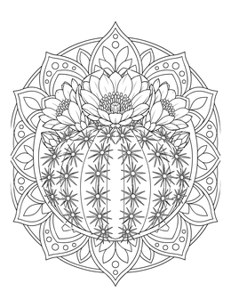 A blooming cactus coloring page set against an ornate mandala backdrop.