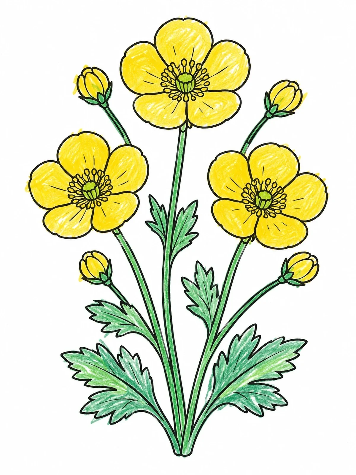 Colored example of the Blooming Buttercups With Flower Buds coloring page