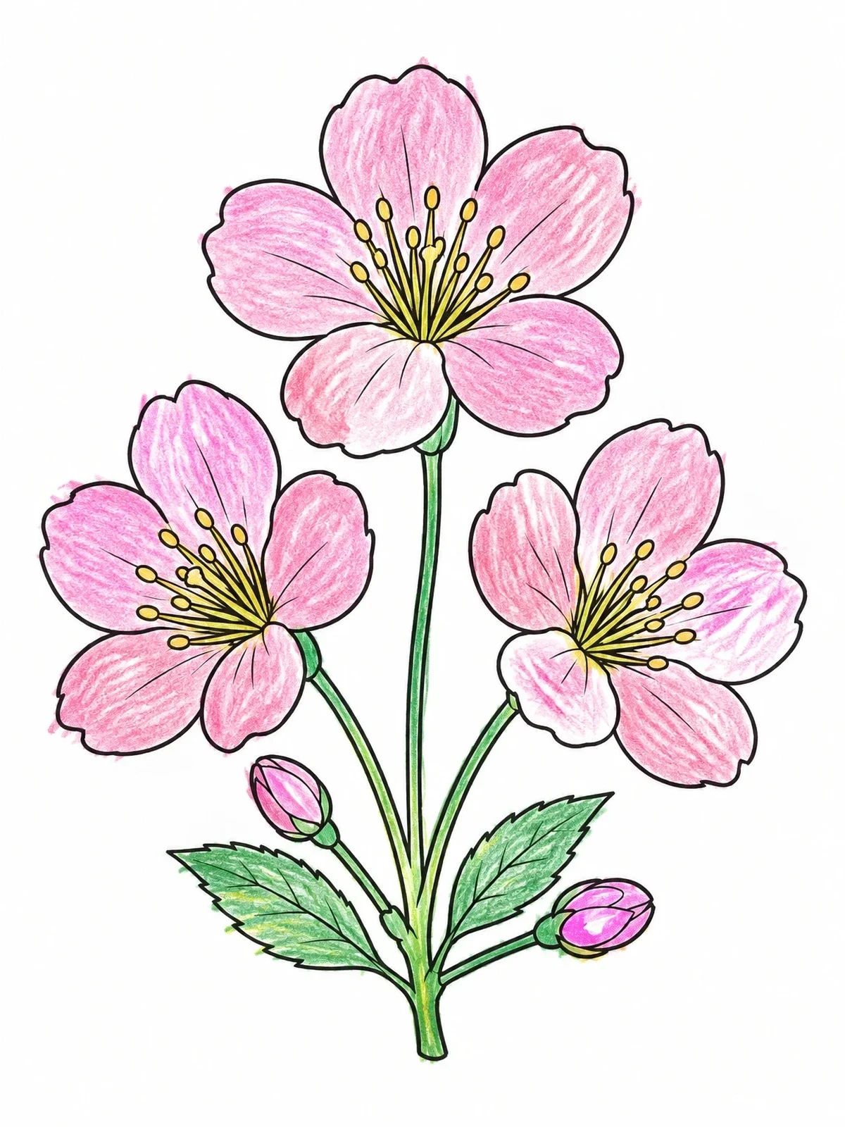 Colored example of the Trio Of Blooming Cherry Blossoms coloring page