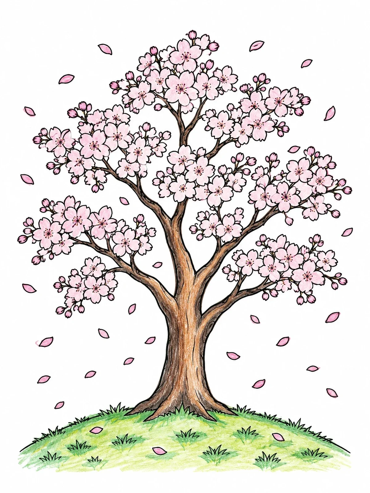 Colored example of the Blooming Cherry Tree On A Hill coloring page