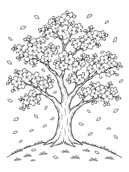 Free printable Blooming Cherry Tree On A Hill coloring page