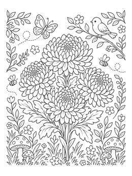 Free printable Blooming Chrysanthemums With Garden Friends coloring page