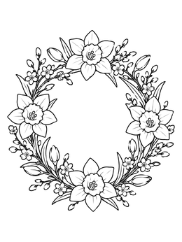 A daffodil flower coloring page featuring a circular wreath with spring blossoms.