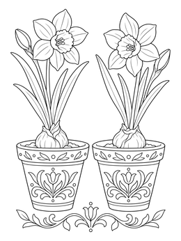 A detailed daffodil flower coloring page showing two blooming bulbs in patterned terracotta pots.
