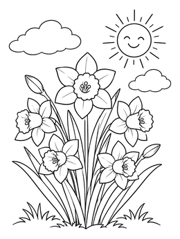 A cheerful daffodil flower coloring page featuring blooming blossoms under a sunny sky.