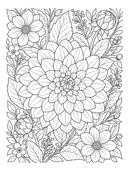 A detailed dahlia coloring page with a large layered blossom surrounded by leaves, buds, and berries.
