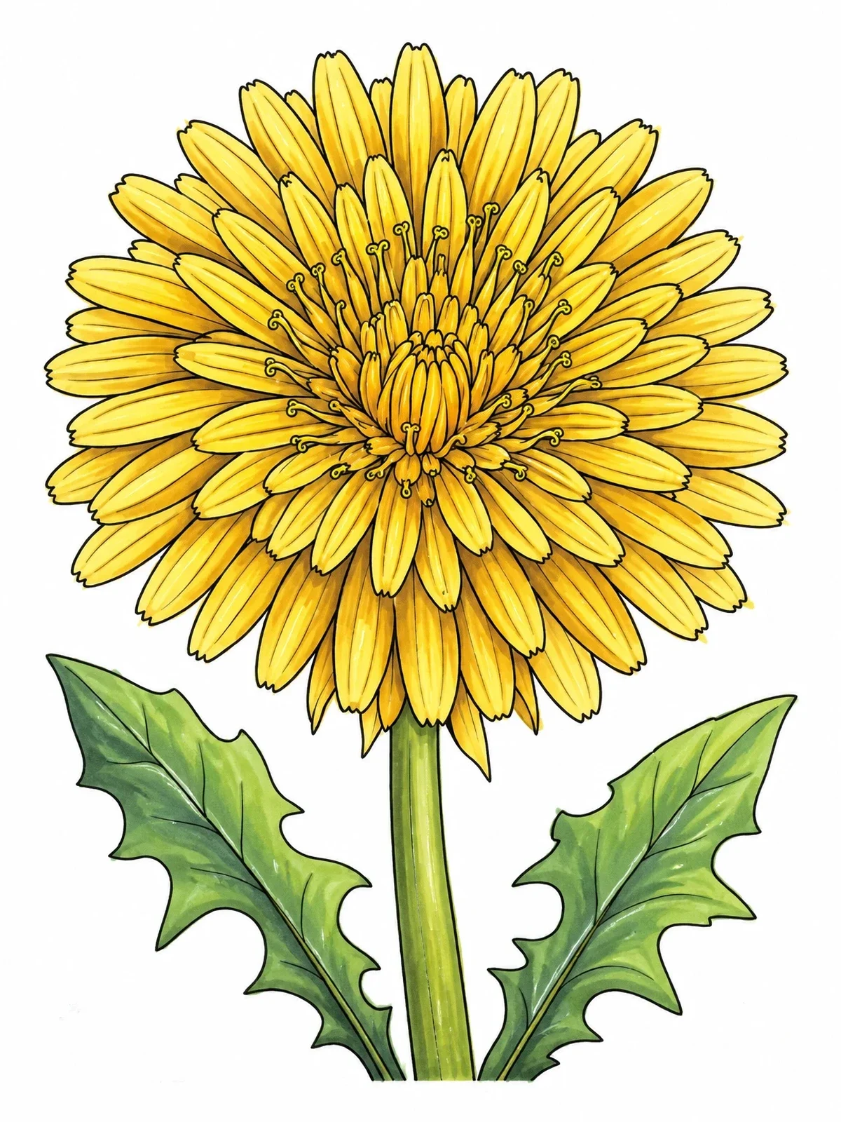 Colored example of the Blooming Dandelion Flower With Leaves coloring page