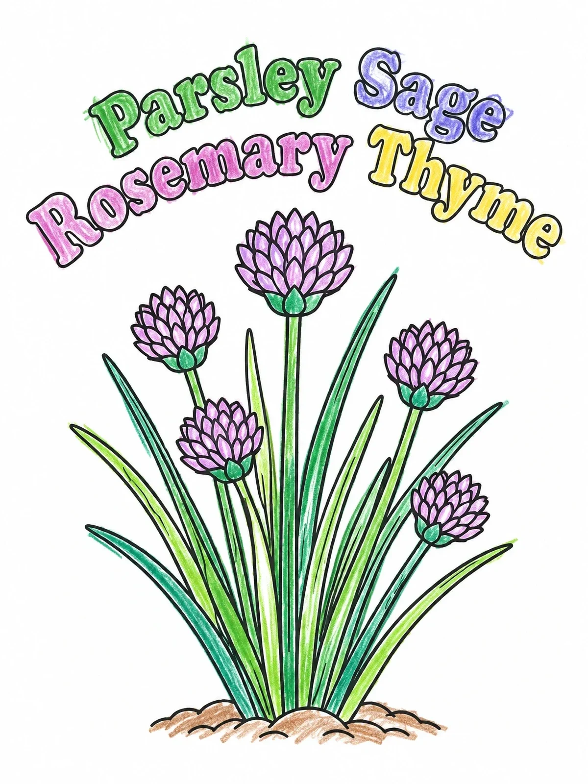 Colored example of the Blooming Garden Chives With Herb Text coloring page