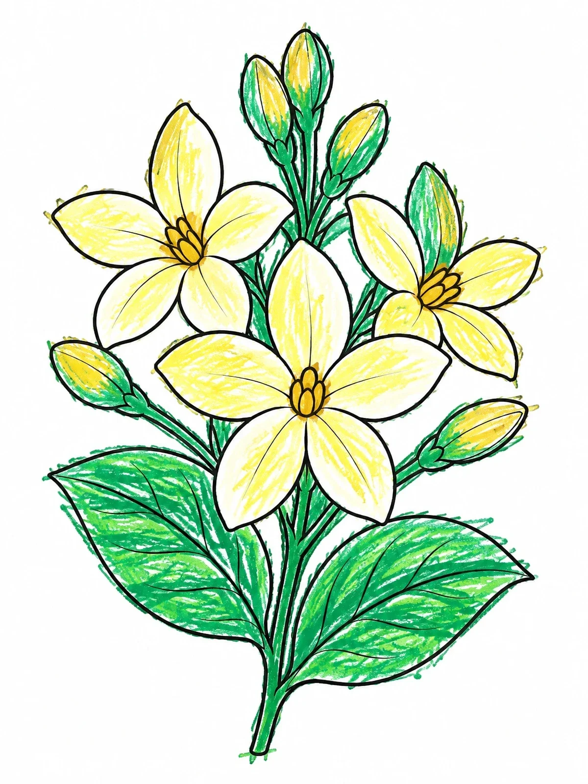Colored example of the Blooming Hawaiian Pikake Jasmine Flowers coloring page