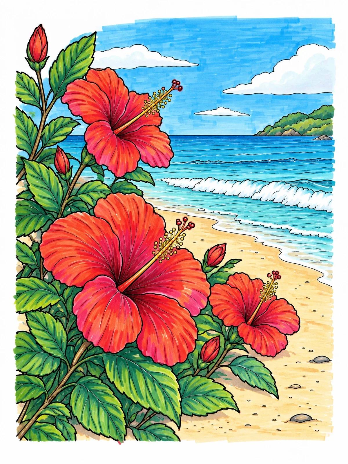 Colored example of the Blooming Hibiscus Along The Seashore coloring page