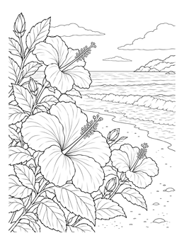 Free printable Blooming Hibiscus Along The Seashore coloring page