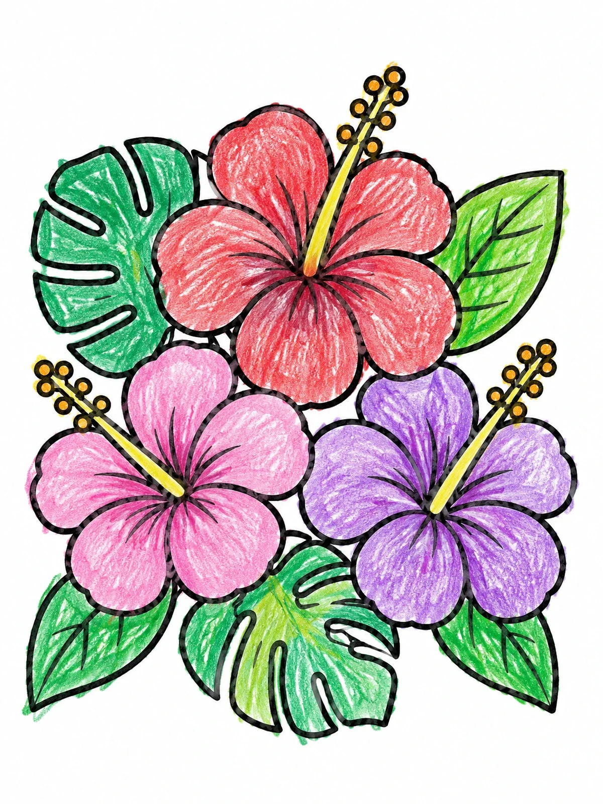 Colored example of the Blooming Hibiscus Flowers And Leaves coloring page