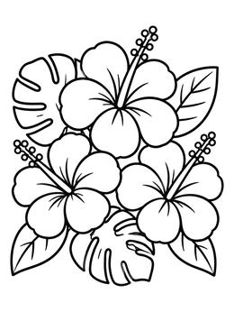 Free printable Blooming Hibiscus Flowers And Leaves coloring page
