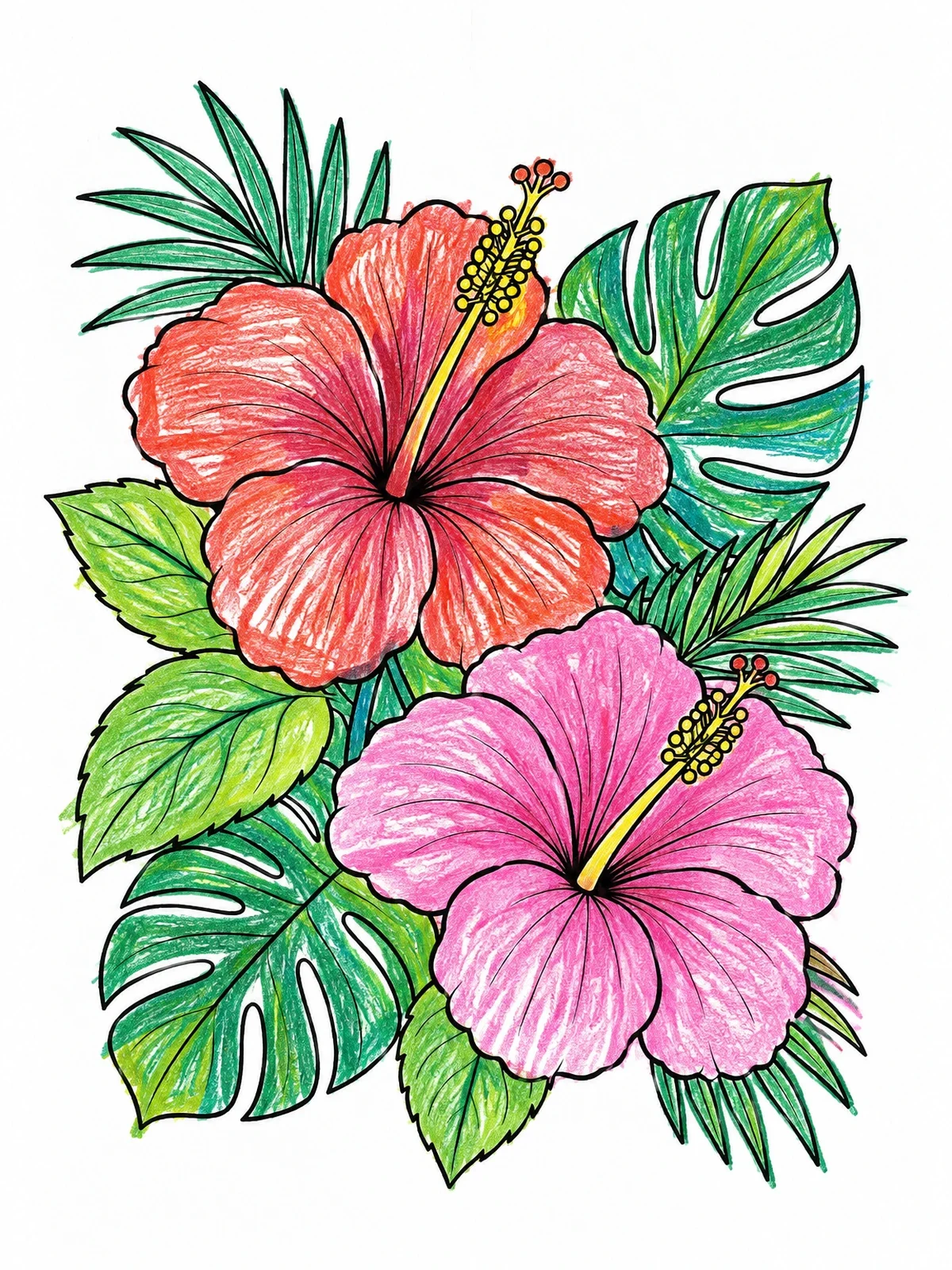 Colored example of the Blooming Hibiscus And Tropical Leaves coloring page