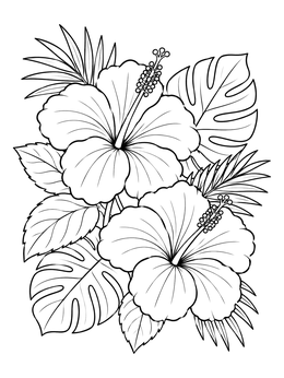 Free printable Blooming Hibiscus And Tropical Leaves coloring page