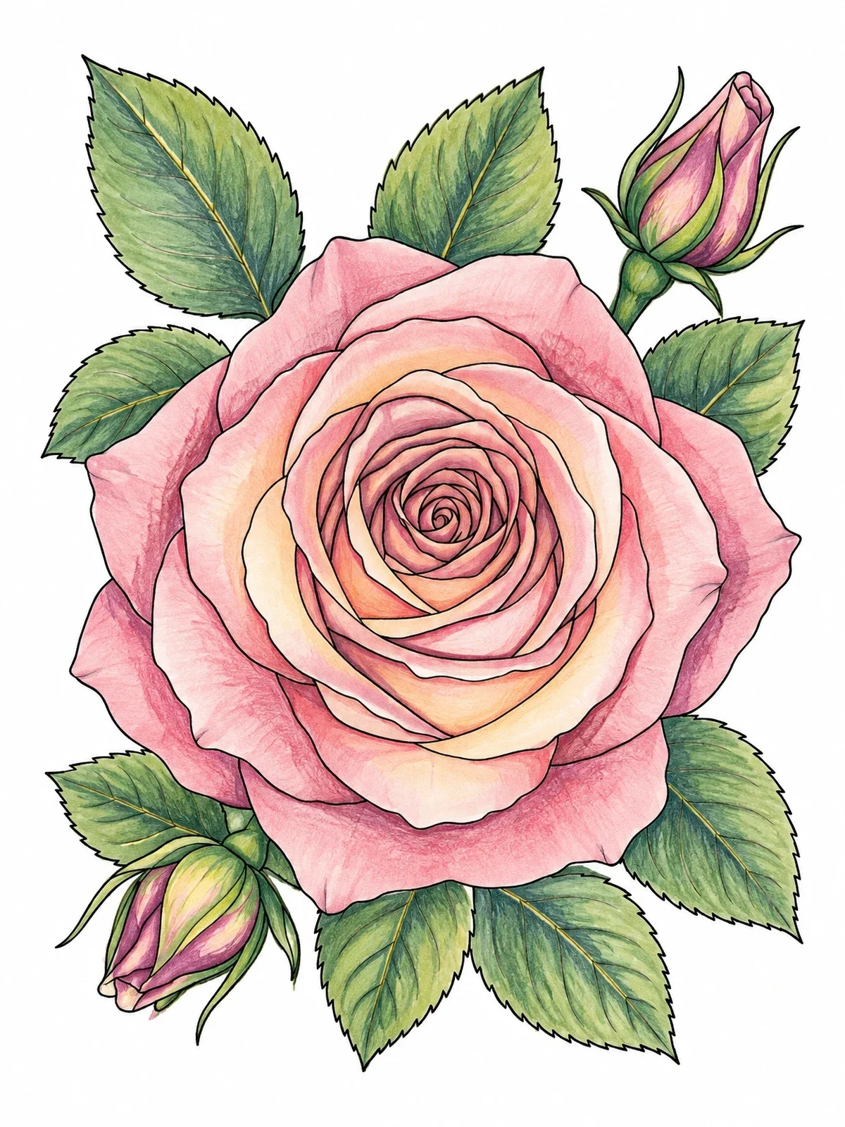 Colored example of the Blooming Hybrid Tea Rose With Buds coloring page