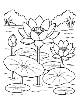 Free printable Blooming Lotus Pond Scene coloring page