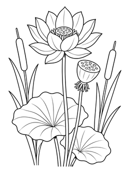 A blooming lotus flower coloring page surrounded by large leaves, cattails, and a seed pod.